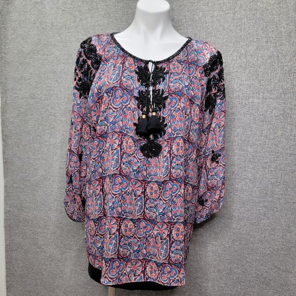 FIGUE SILK EMBELISHED BOHO TUNIC TOP, SIZE L - Picture 1 of 10